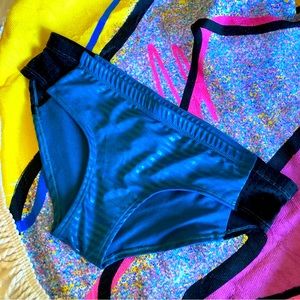 Blue stripe shiny mesh swimsuit bikini bottoms